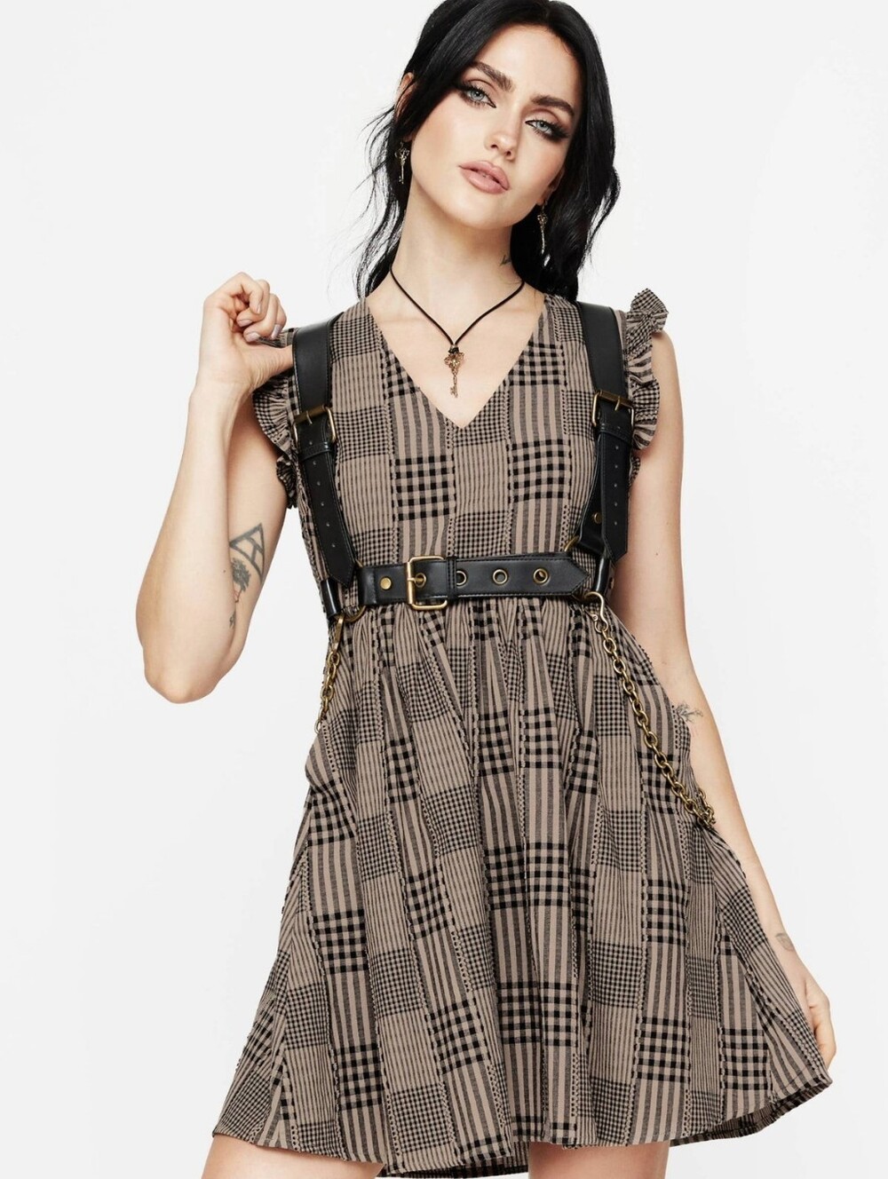 Disturbia Patchwork Plaid Babydoll Mini Dress | US 6 NWT - Picture 4 of 9